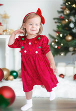 Lade das Bild in den Galerie-Viewer, Kleinkind in rotem Weihnachtskleid aus Samt mit bunten Pompons