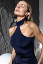 Lade das Bild in den Galerie-Viewer, Dunkelblaues Stretch-Maxikleid mit Hohem Schlitz