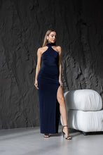 Lade das Bild in den Galerie-Viewer, Dunkelblaues Stretch-Maxikleid mit Hohem Schlitz