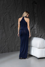 Lade das Bild in den Galerie-Viewer, Dunkelblaues Stretch-Maxikleid mit Hohem Schlitz