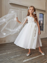 Lade das Bild in den Galerie-Viewer, Elegantes Blumenmädchenkleid für Hochzeit oder Kommunion – zartes Chiffonkleid mit Blüten, perfekt für kleine Prinzessinnen.
